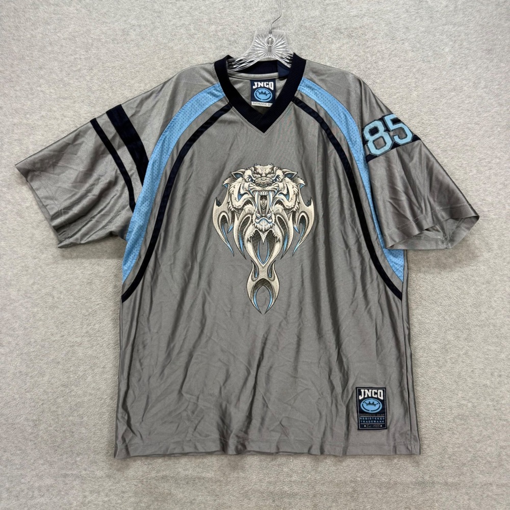 JNCO Jersey Mens XL Grey Blue Tribal Sabertooth 85‎ Graphic V-Neck Vintage 90s